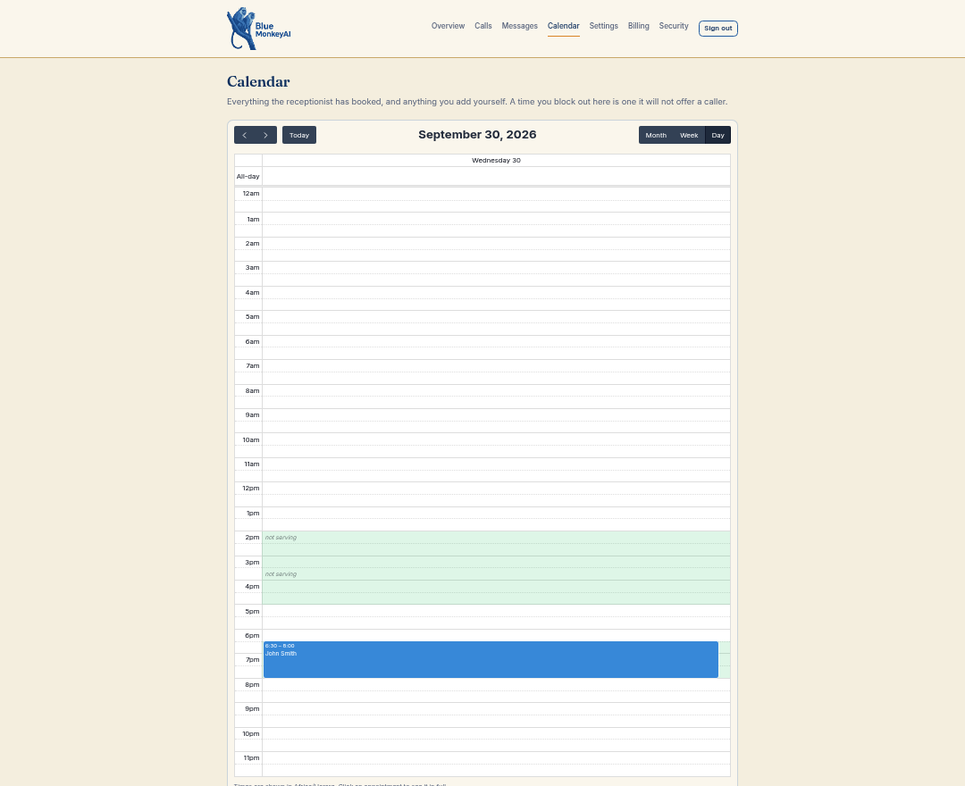 The owner's calendar for Wednesday 30 September, showing a booking from 6:30 to 8:00 under the name John Smith.