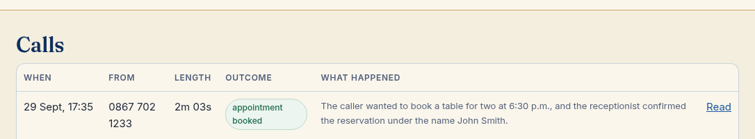 The owner's Calls page, showing the call with the outcome 'appointment booked' and a summary of what the caller wanted.
