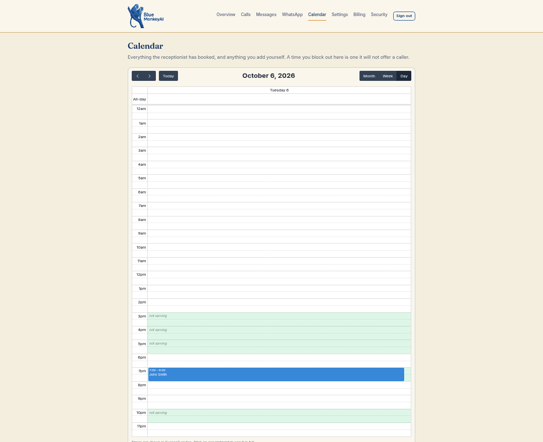 The owner's calendar for Tuesday 6 October, showing a booking from 7:00 to 8:00 under the name John Smith.