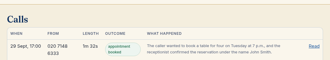 The owner's Calls page, showing the call with the outcome 'appointment booked' and a summary of what the caller wanted.